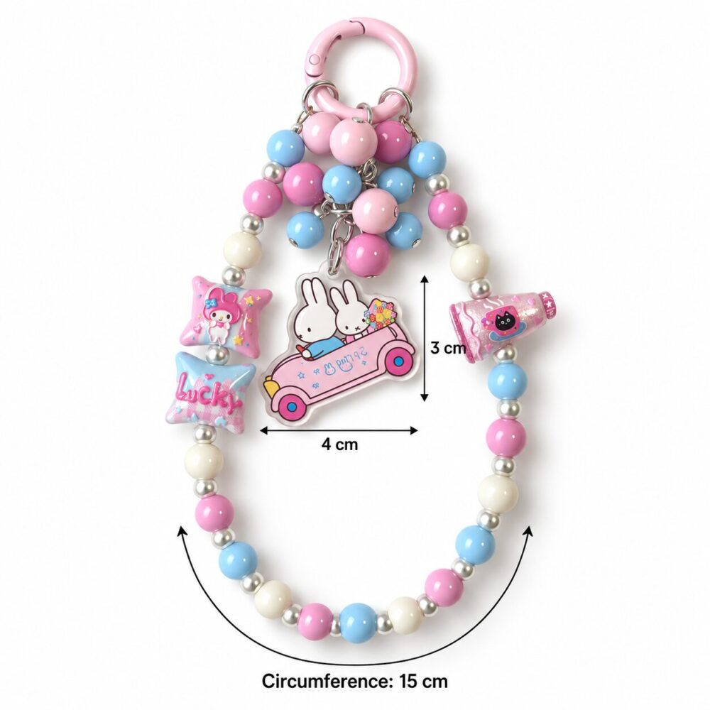 Pastel Bunny Car Beaded Bag Charm – 15 cm Pink and Blue Keychain