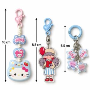 Pastel Cartoon Bag Charm Collection – Cat, Doll & Star Keychains