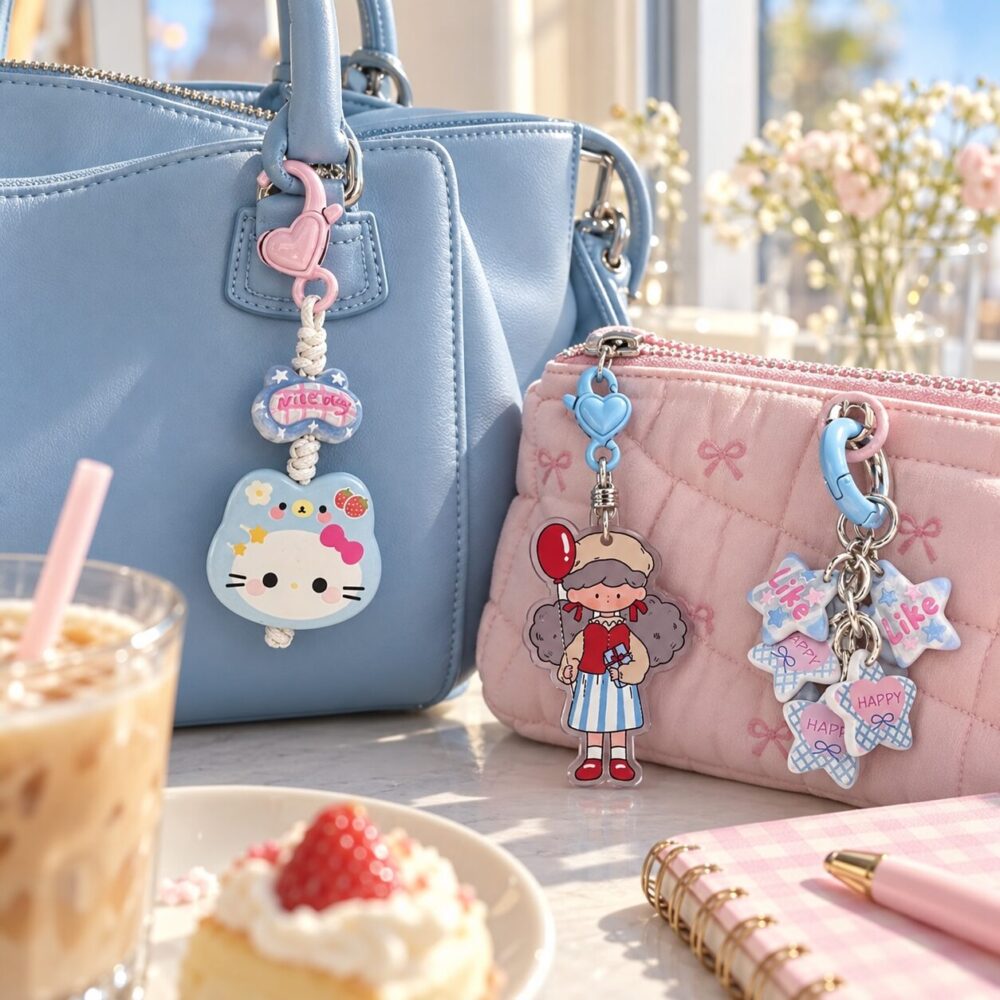 Pastel Cartoon Bag Charm Collection – Cat, Doll & Star Keychains