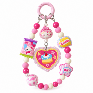 Pink Cake Heart Beaded Bag Charm with Bow Cat – Cute Keychain and Tumbler Accessory