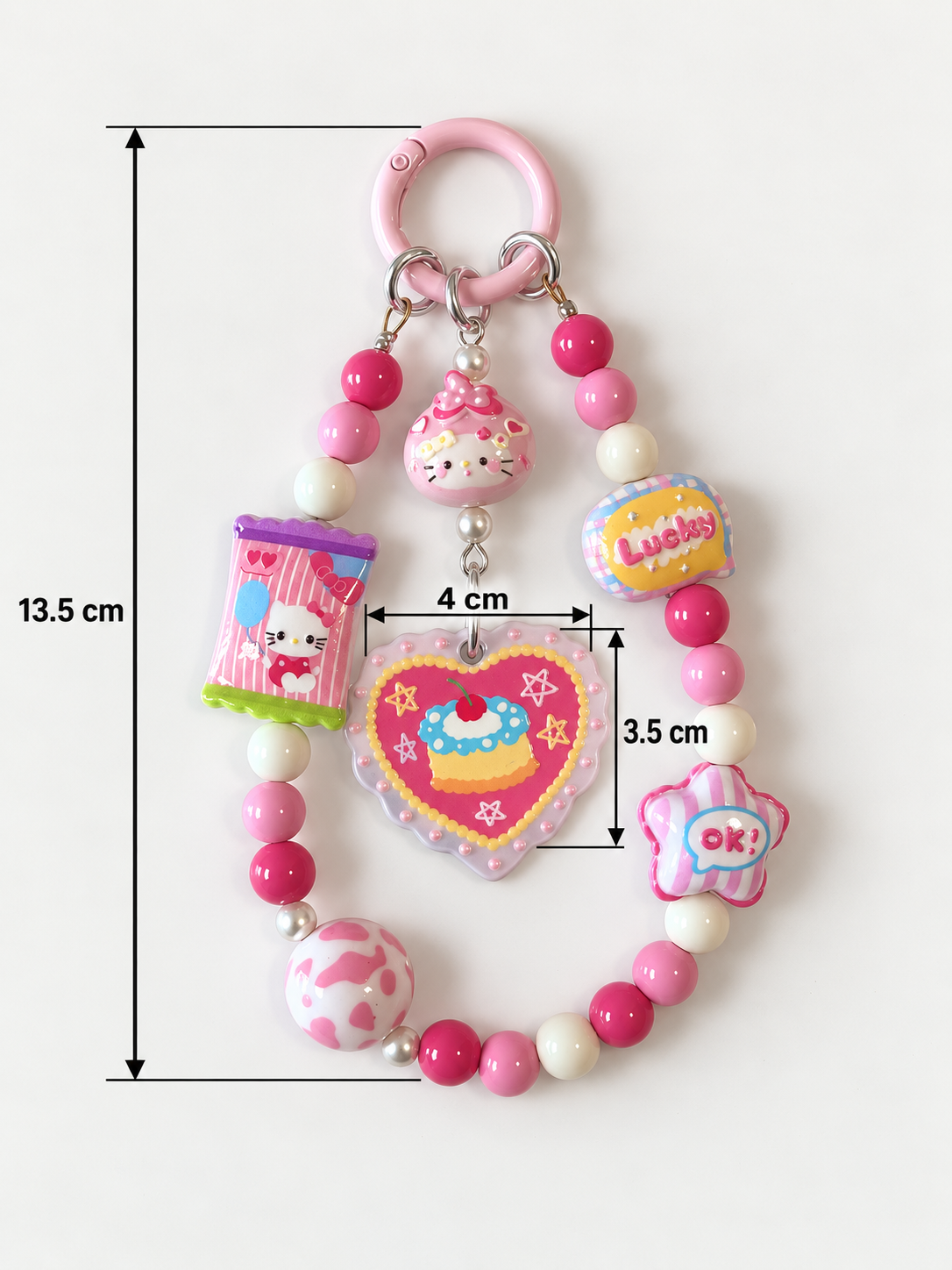 Pink Cake Heart Beaded Bag Charm with Bow Cat – Cute Keychain and Tumbler Accessory