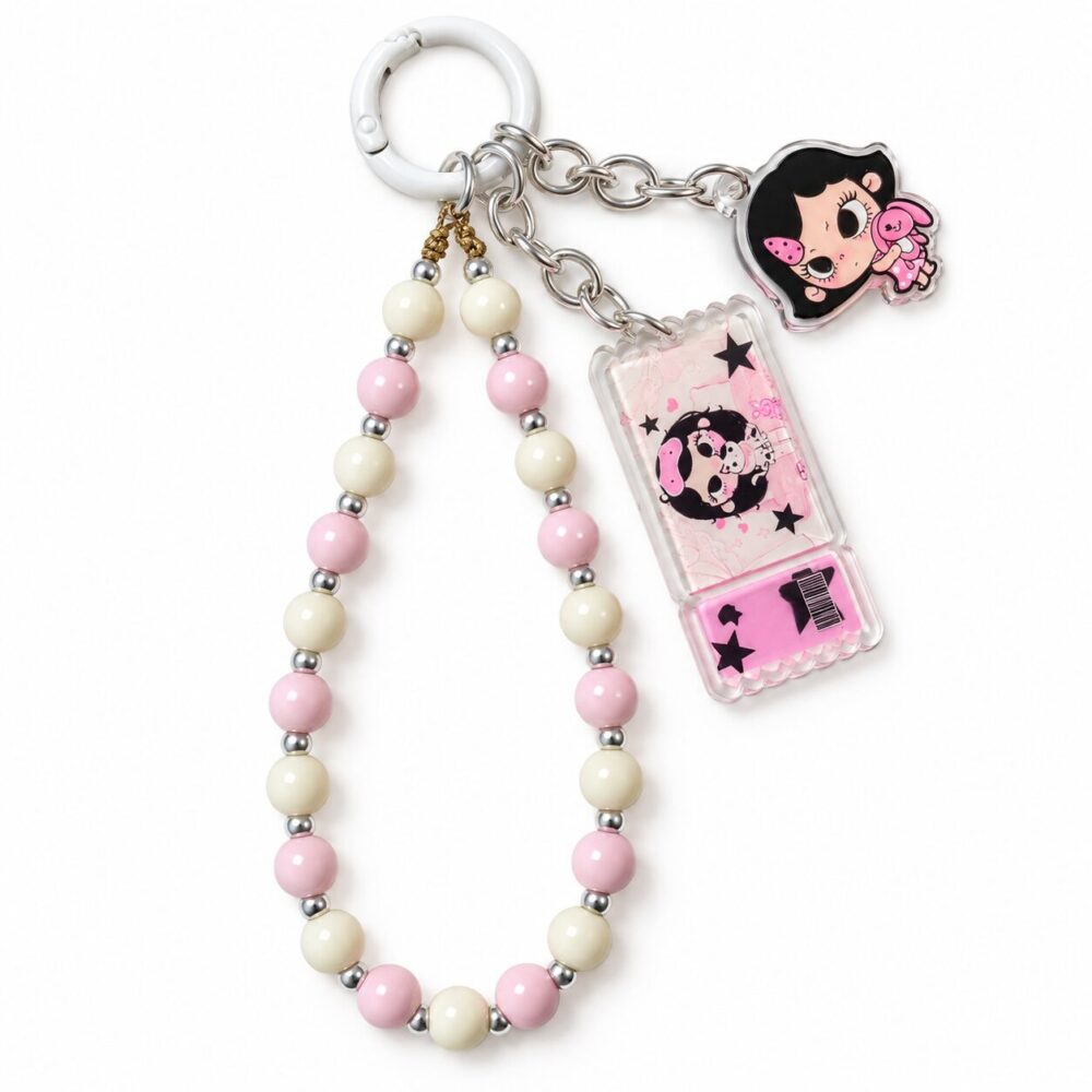 Pink Cartoon Girl Beaded Bag Charm – Pastel Character Keychain