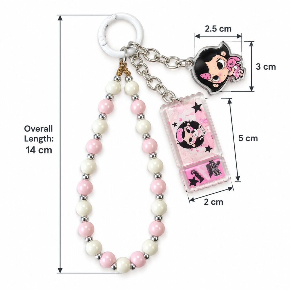 Pink Cartoon Girl Beaded Bag Charm – Pastel Character Keychain