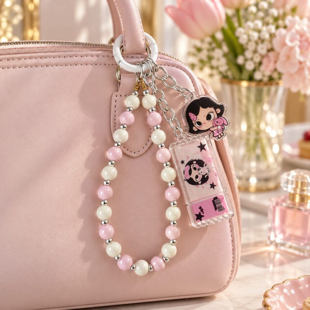 Pink Cartoon Girl Beaded Bag Charm – Pastel Character Keychain