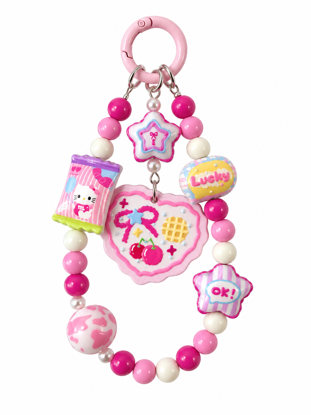 Pink Cherry Bow Heart Beaded Bag Charm – Cute Keychain and Tumbler Accessory