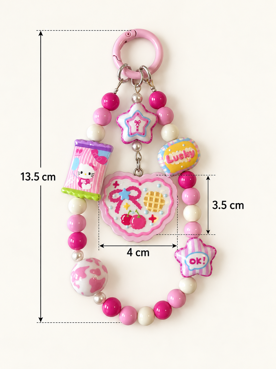 Pink Cherry Bow Heart Beaded Bag Charm – Cute Keychain and Tumbler Accessory