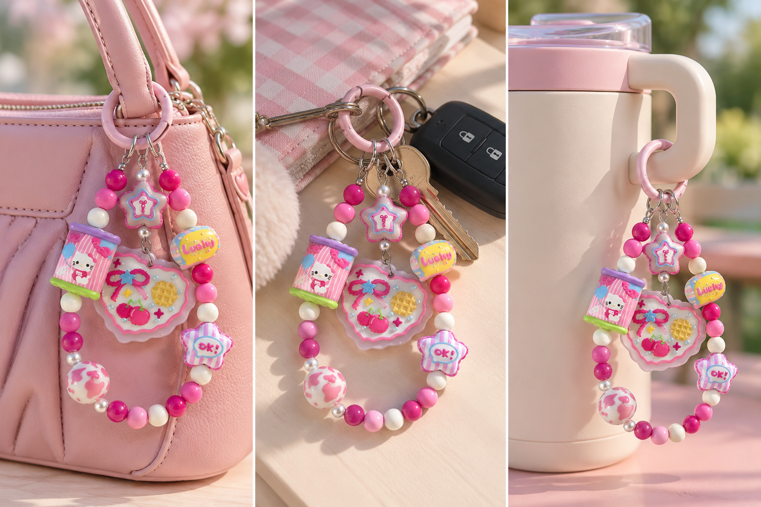 Pink Cherry Bow Heart Beaded Bag Charm – Cute Keychain and Tumbler Accessory