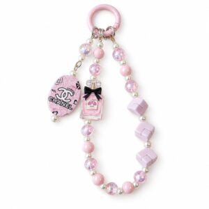 Pink Perfume Bottle Beaded Bag Charm – Iridescent Double-Strand Keychain