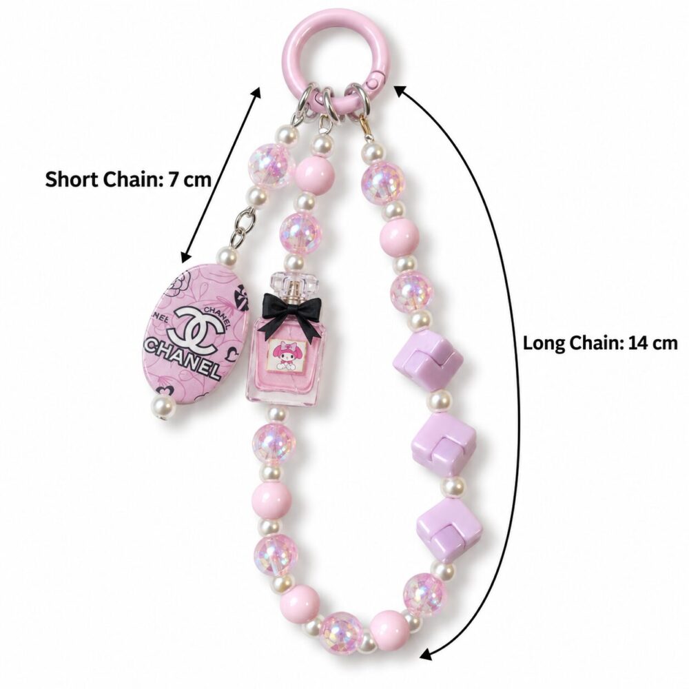 Pink Perfume Bottle Beaded Bag Charm – Iridescent Double-Strand Keychain