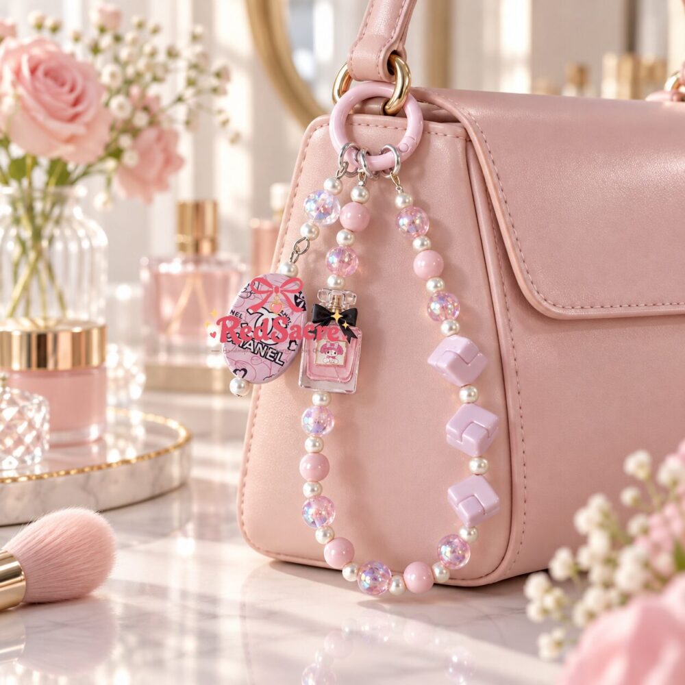 Pink Perfume Bottle Beaded Bag Charm – Iridescent Double-Strand Keychain