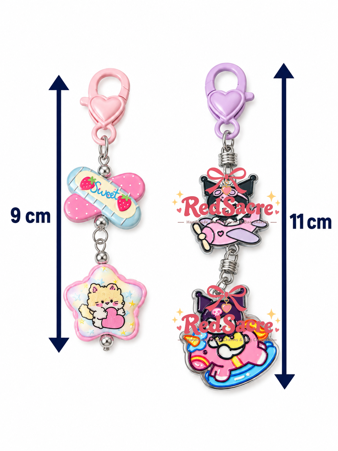 Pink Rocking Horse and Star-Hugging Kitten Charm Set – Cute Bag Charms and Keychains