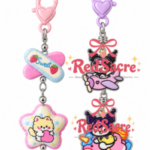 Pink Rocking Horse and Star-Hugging Kitten Charm Set – Cute Bag Charms and Keychains