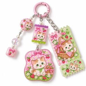 Pink Strawberry Kitten Bag Charm – Pastel Acrylic Keychain