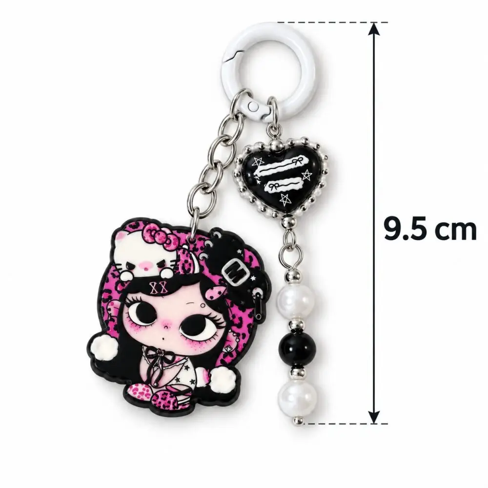 Pink and Black Cartoon Girl Keychain with Heart Charm and Pearl Beads