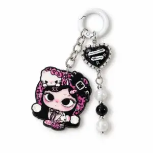 Pink and Black Cartoon Girl Keychain with Heart Charm and Pearl Beads