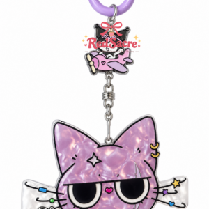 Purple Big-Eyed Cat Bag Charm with Pink Airplane – Cute Keychain and Tumbler Accessory