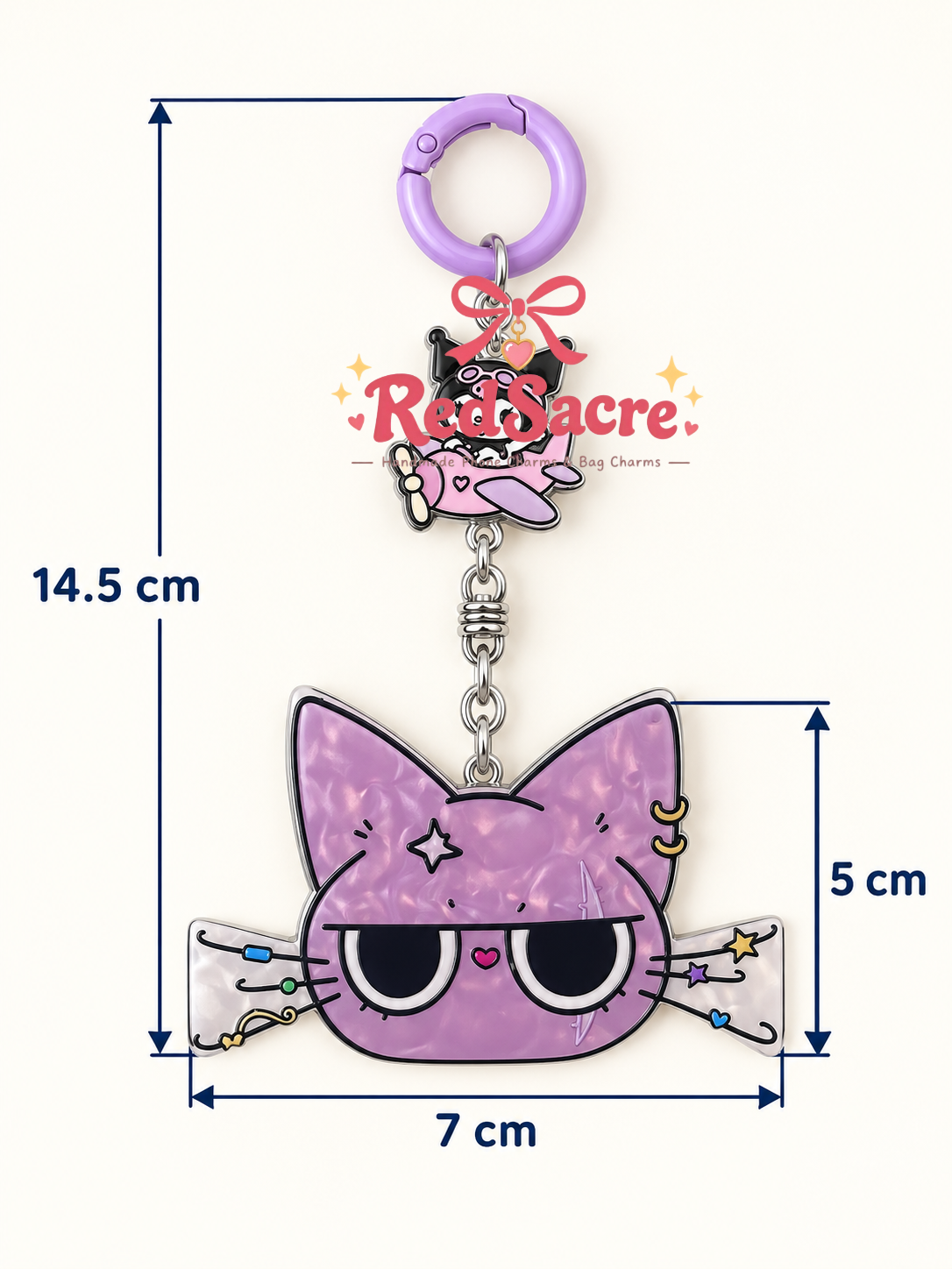 Purple Big-Eyed Cat Bag Charm with Pink Airplane – Cute Keychain and Tumbler Accessory