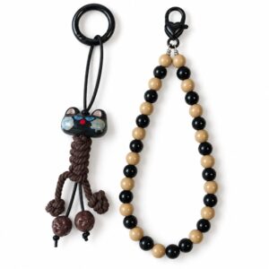 Black Cartoon Cat Phone Charm and Beaded Bag Chain Set