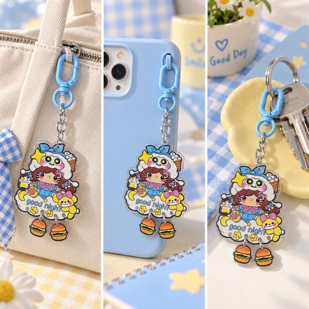 Blue Good Night Cartoon Acrylic Keychain with Dangling Charms - Image 3