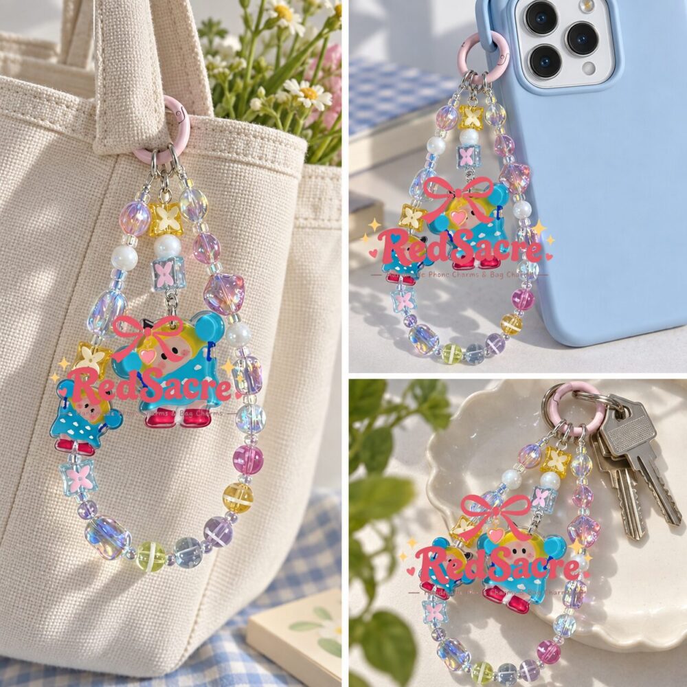 Blue Dumbbell Girl Crystal Beaded Phone Charm