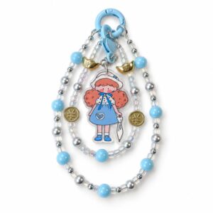 Kawaii Blue Girl with Umbrella Beaded Phone Charm - Double Layer Iridescent Bead Lanyard with Gold Ingot Accents by RedSacre