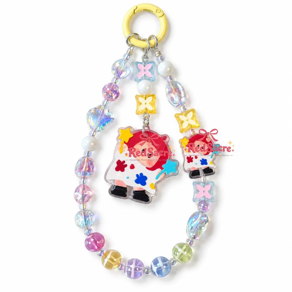 Colorful Crystal Beaded Phone Charm with Cute Artist Girl Pendant