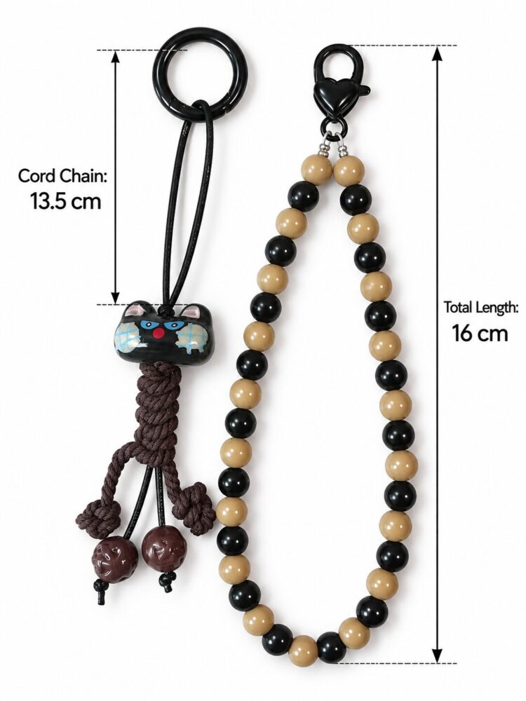 Black Cartoon Cat Phone Charm and Beaded Bag Chain Set