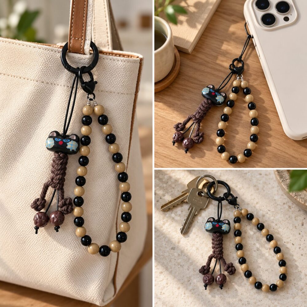 Black Cartoon Cat Phone Charm and Beaded Bag Chain Set