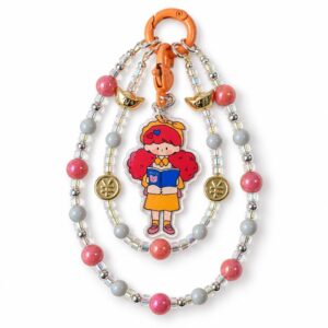 Kawaii Red-Hair Reading Girl Beaded Phone Charm - Double Layer Multi-Color Bead Strap with Gold Ingot Accents by RedSacre