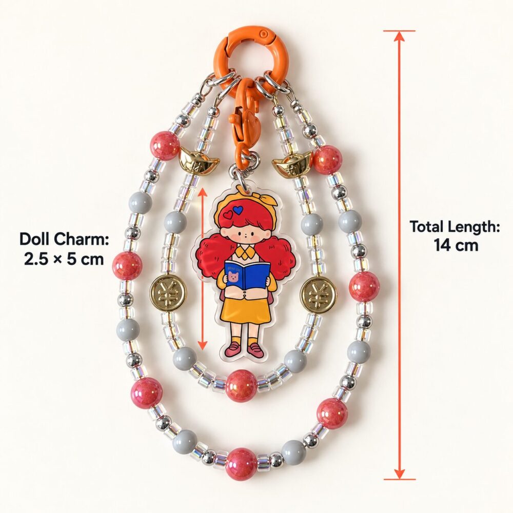 Kawaii Red-Hair Reading Girl Beaded Phone Charm - Double Layer Multi-Color Bead Strap with Gold Ingot Accents by RedSacre