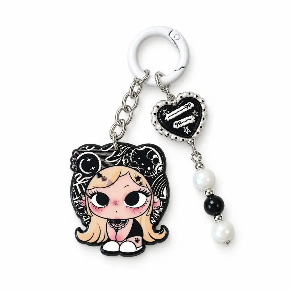 Gothic Anime Chibi Girl Enamel Keyring - Heart Charm & Pearl Dangle - 9.5cm