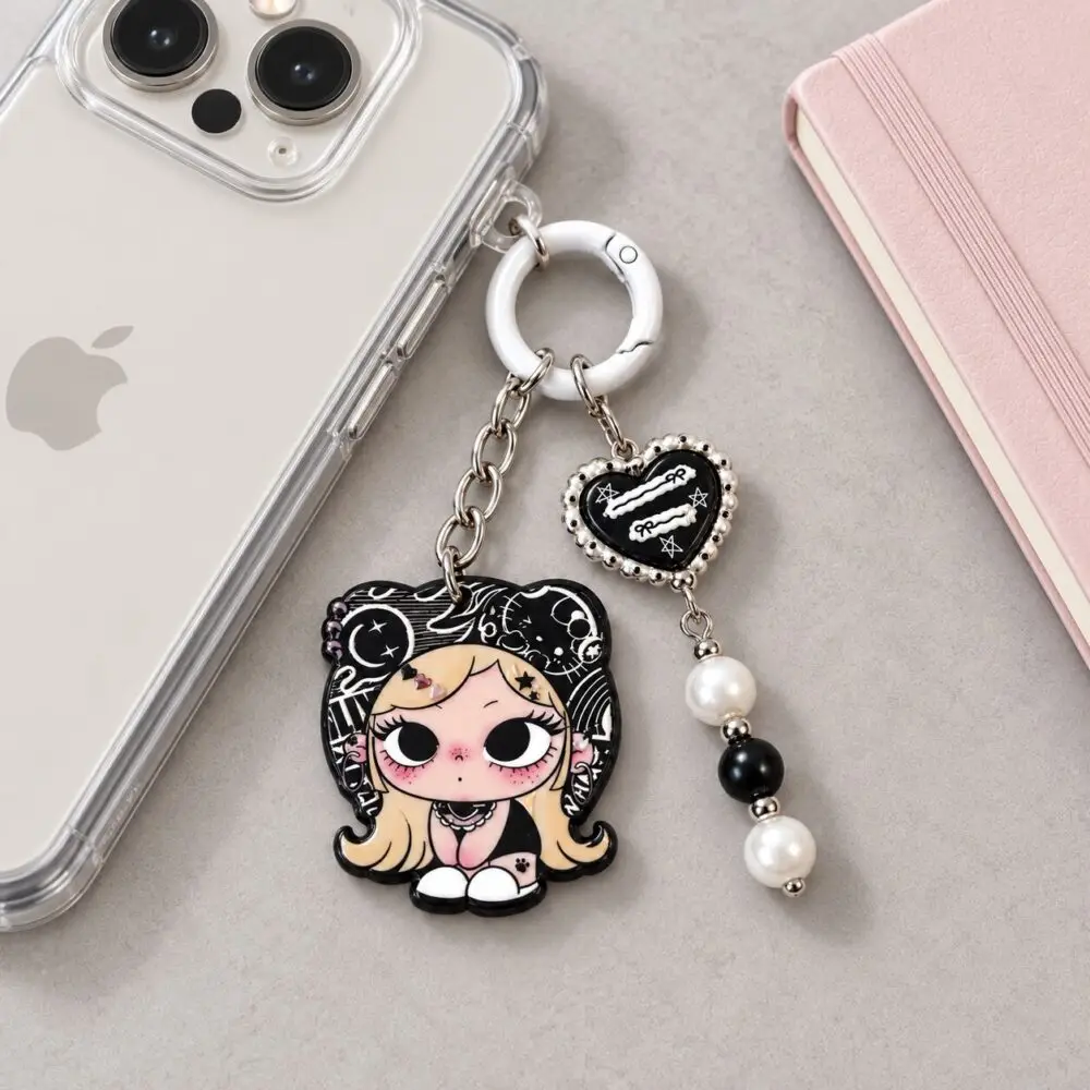 Gothic Anime Chibi Girl Enamel Keyring - Heart Charm & Pearl Dangle - 9.5cm