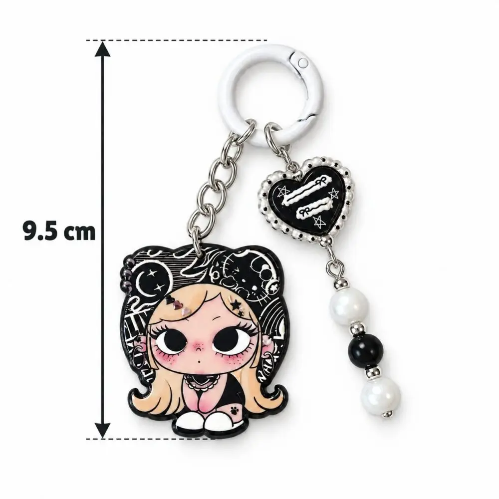 Gothic Anime Chibi Girl Enamel Keyring - Heart Charm & Pearl Dangle - 9.5cm