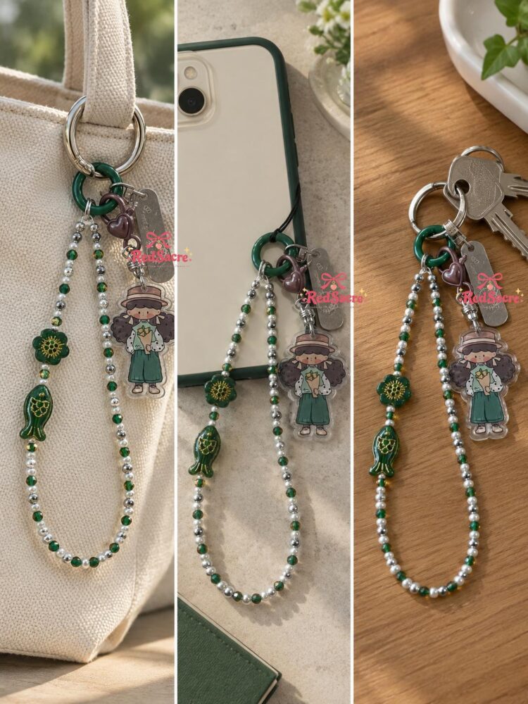 Green Pearl Beaded Phone Charm with Cute Girl and Flower Pendants