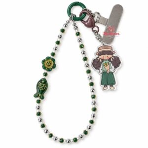 Green Pearl Beaded Phone Charm with Cute Girl and Flower Pendants