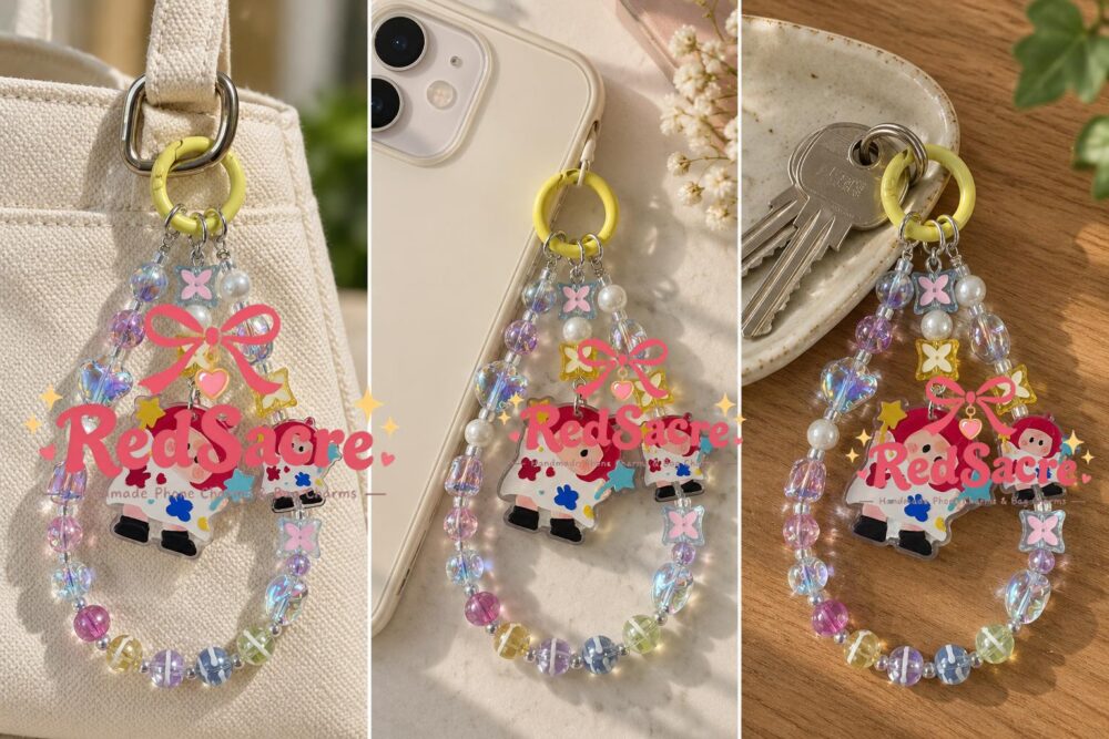 Colorful Crystal Beaded Phone Charm with Cute Artist Girl Pendant
