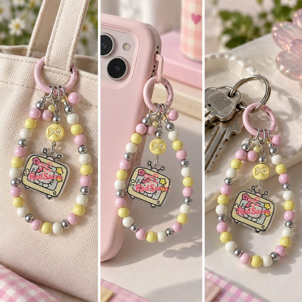 Pastel Cat TV Beaded Phone Charm – Pink and Yellow Wrist Strap