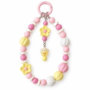Pastel Flower Beaded Phone Charm – Pink and Yellow Wrist Strap