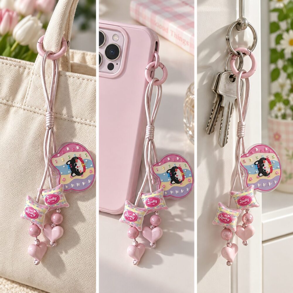 Pink Lucky Cat Leather Cord Phone Charm with Heart Beads