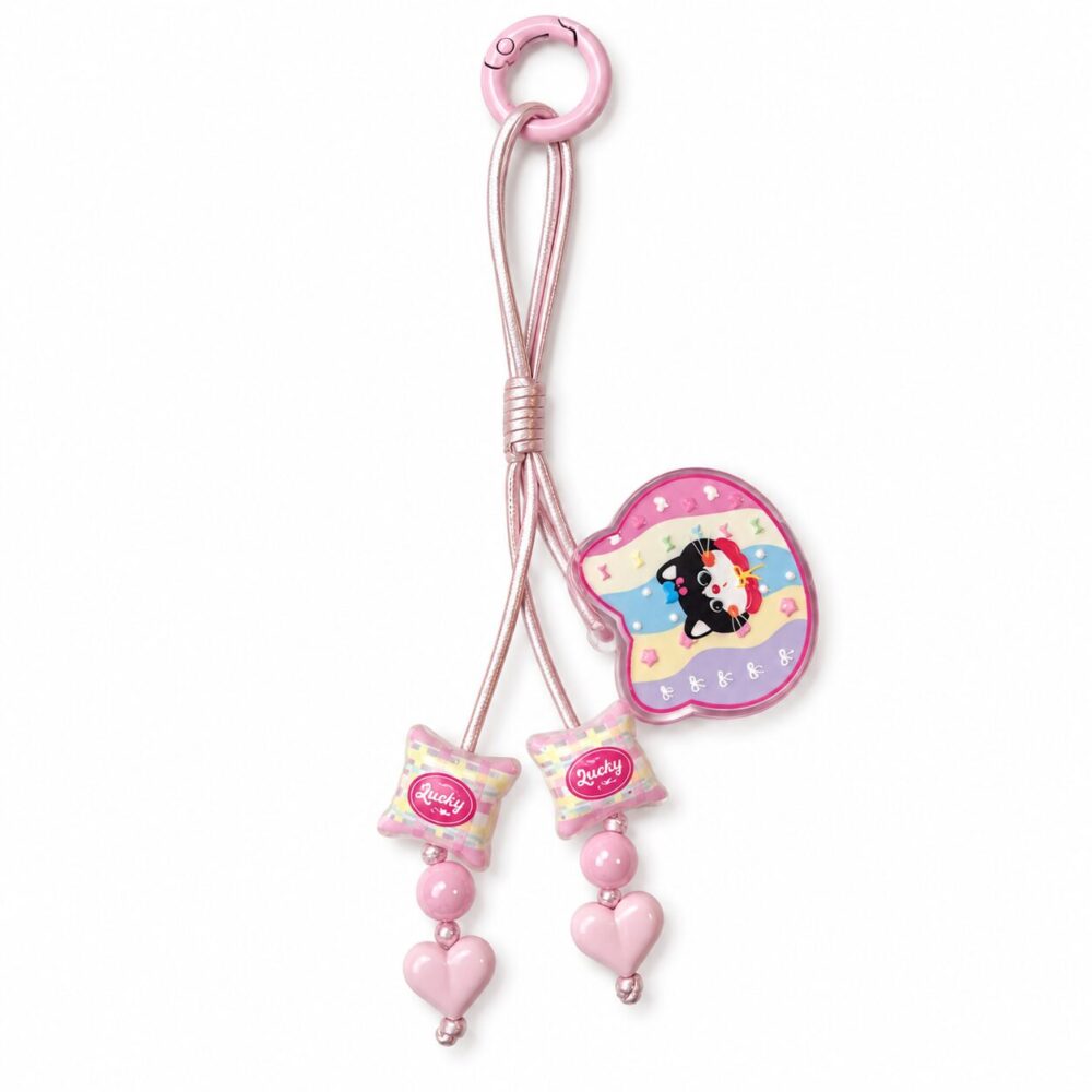Pink Lucky Cat Leather Cord Phone Charm with Heart Beads