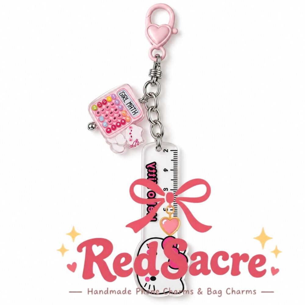 Pink Cat Calculator and Ruler Keychain Bag Charm