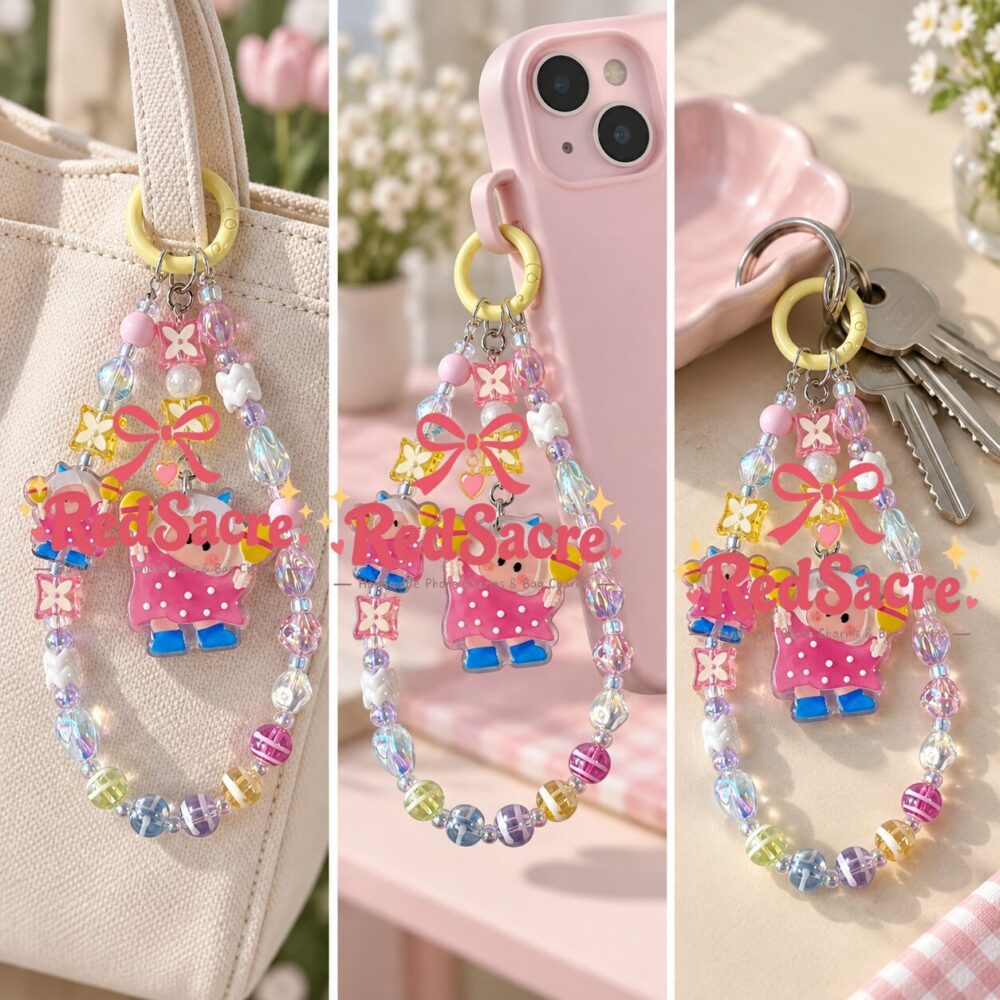 Pink Maraca Girl Crystal Beaded Phone Charm – Colorful Wrist Strap