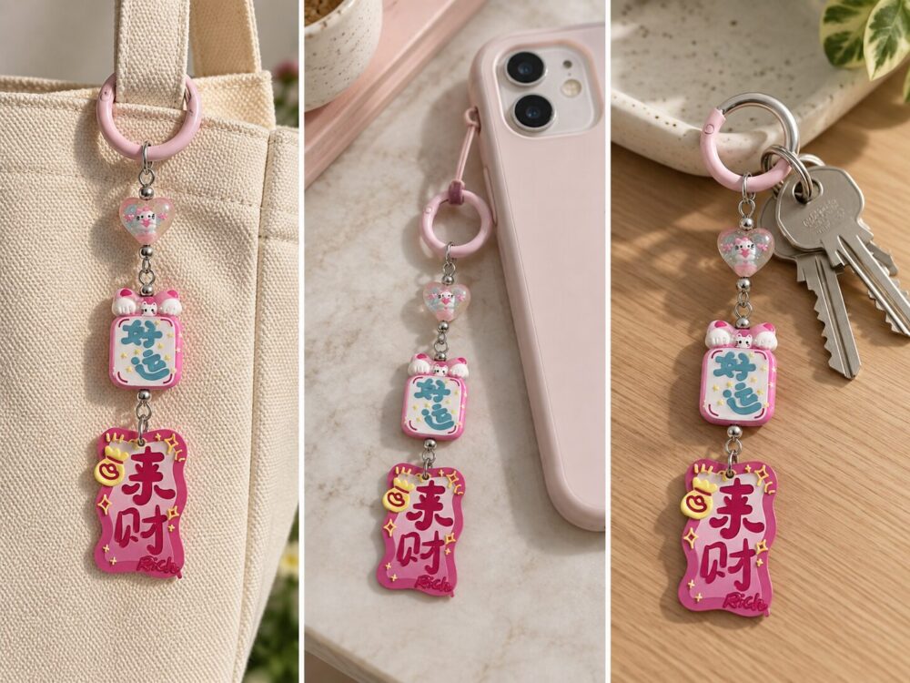 Pink Lucky Wealth Cat Keychain – Chinese Good Luck Bag Charm