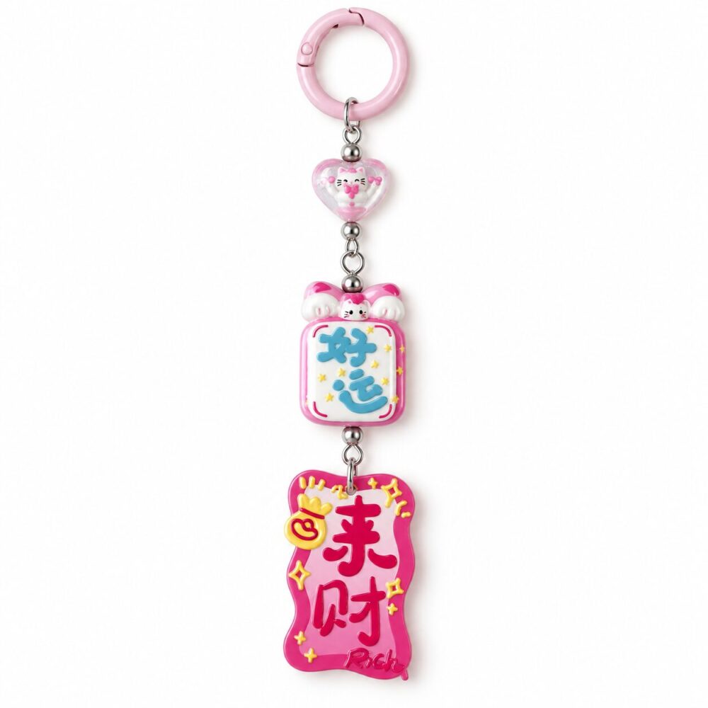 Pink Lucky Wealth Cat Keychain – Chinese Good Luck Bag Charm