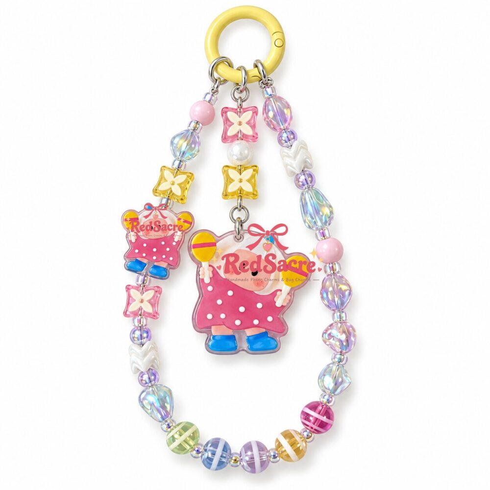 Pink Maraca Girl Crystal Beaded Phone Charm – Colorful Wrist Strap