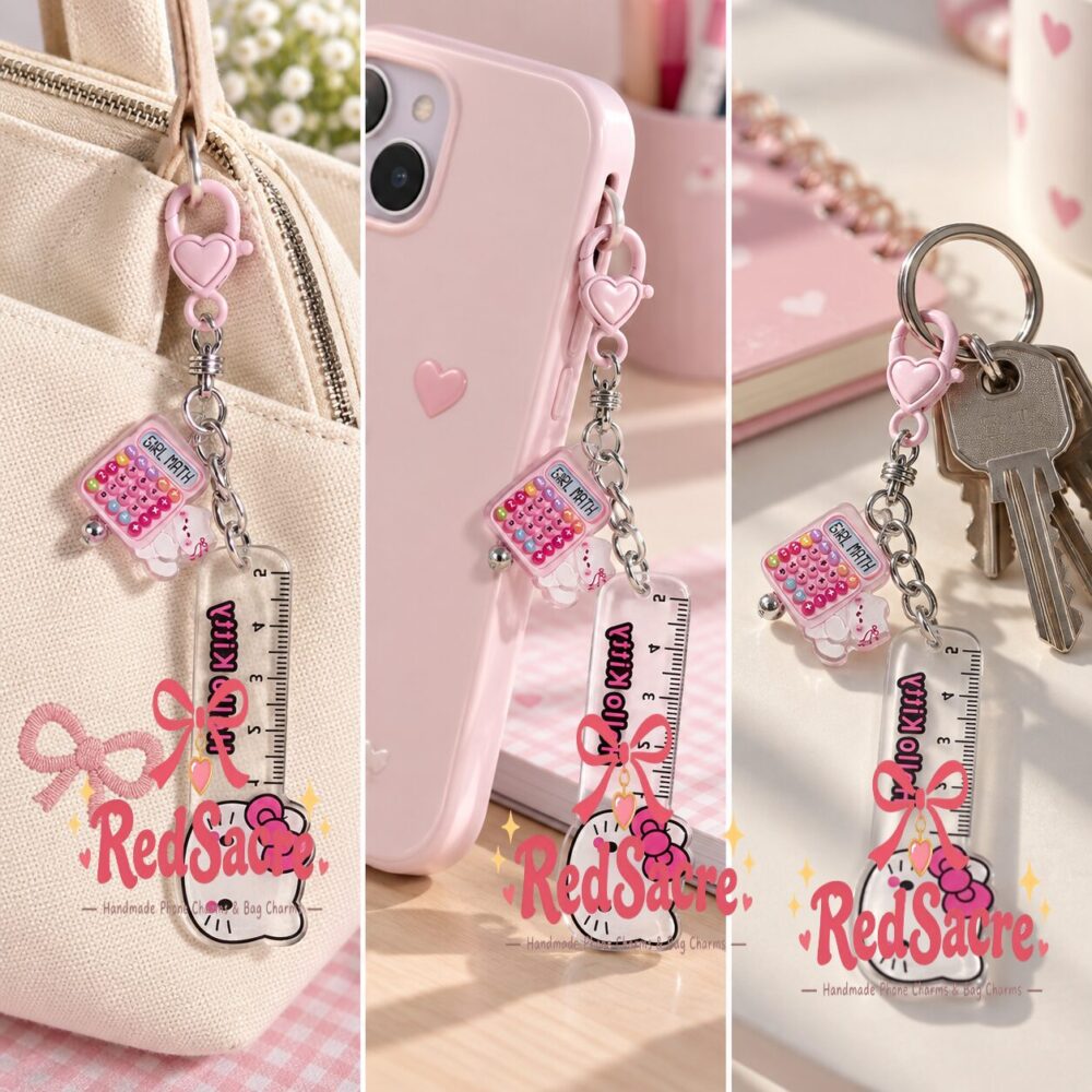 Pink Cat Calculator and Ruler Keychain Bag Charm