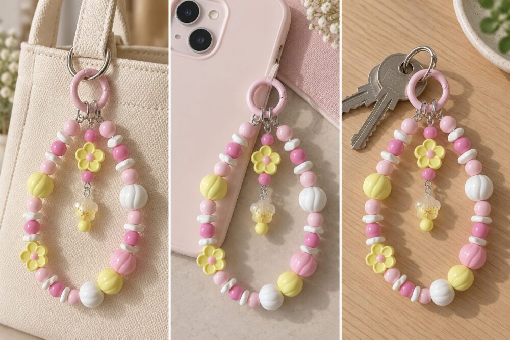 Pastel Flower Beaded Phone Charm – Pink and Yellow Wrist Strap