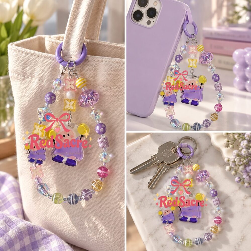Purple Dumbbell Girl Crystal Beaded Phone Charm
