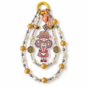 Kawaii Straw Hat Girl Beaded Phone Charm - Double Layer Iridescent Pearl Bead Lanyard with Gold Ingot Accents by RedSacre