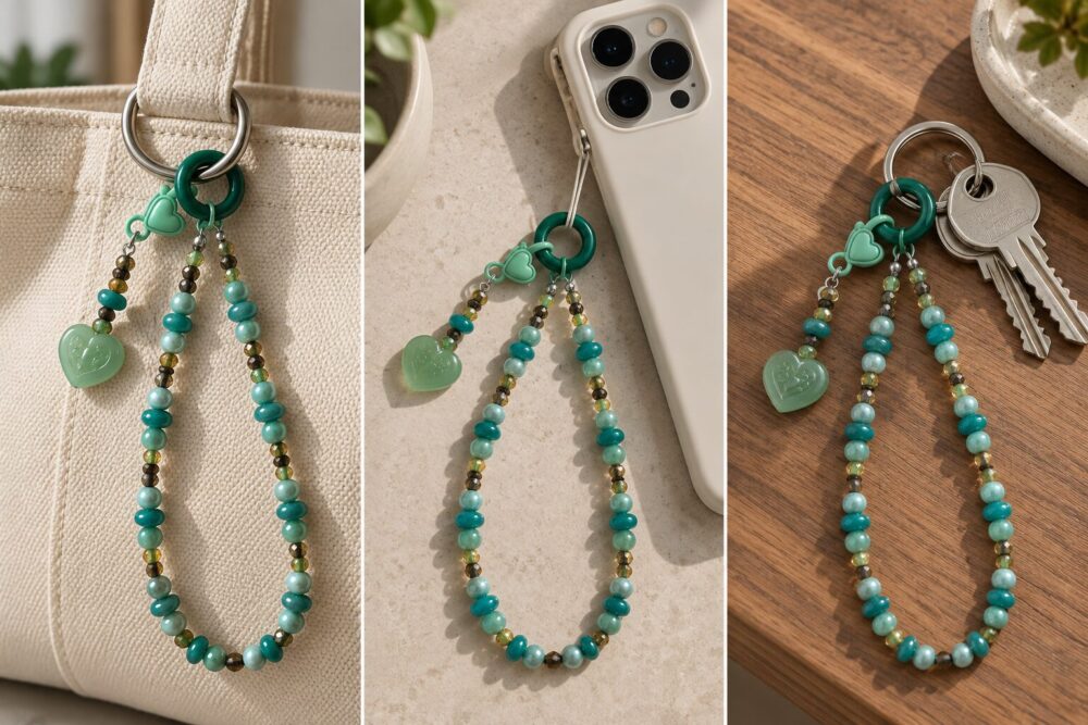 Turquoise Beaded Phone Charm Strap with Green Heart Pendant